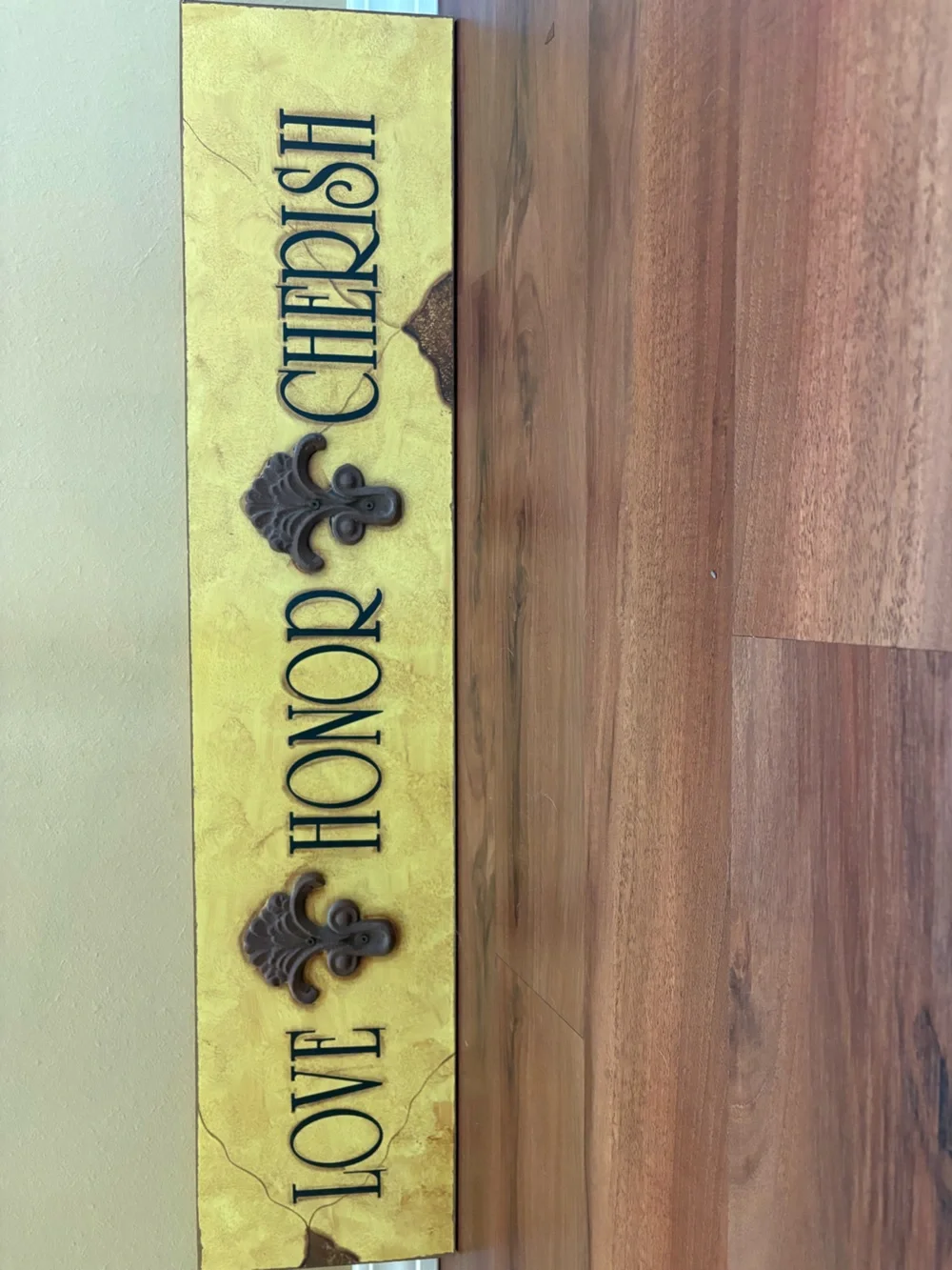 Love Honor Cherish Wall Sign - yellow/gold and brown metal fleur-de-plus